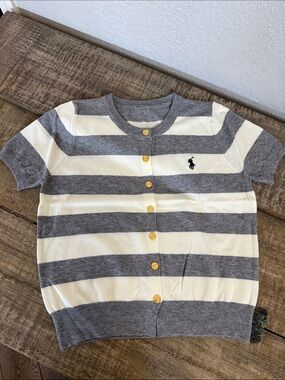 RL Women’s Gray & Cream Striped Short-Sleeve Cardigan with Gold Buttons